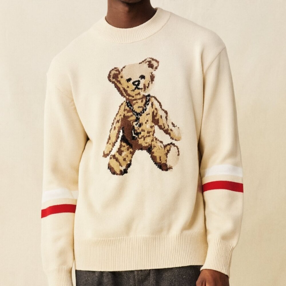 JOYRICH Teddy Bear Preppy Heavyweight Knit Beige Sweater Men's Large - Picture 1 of 11
